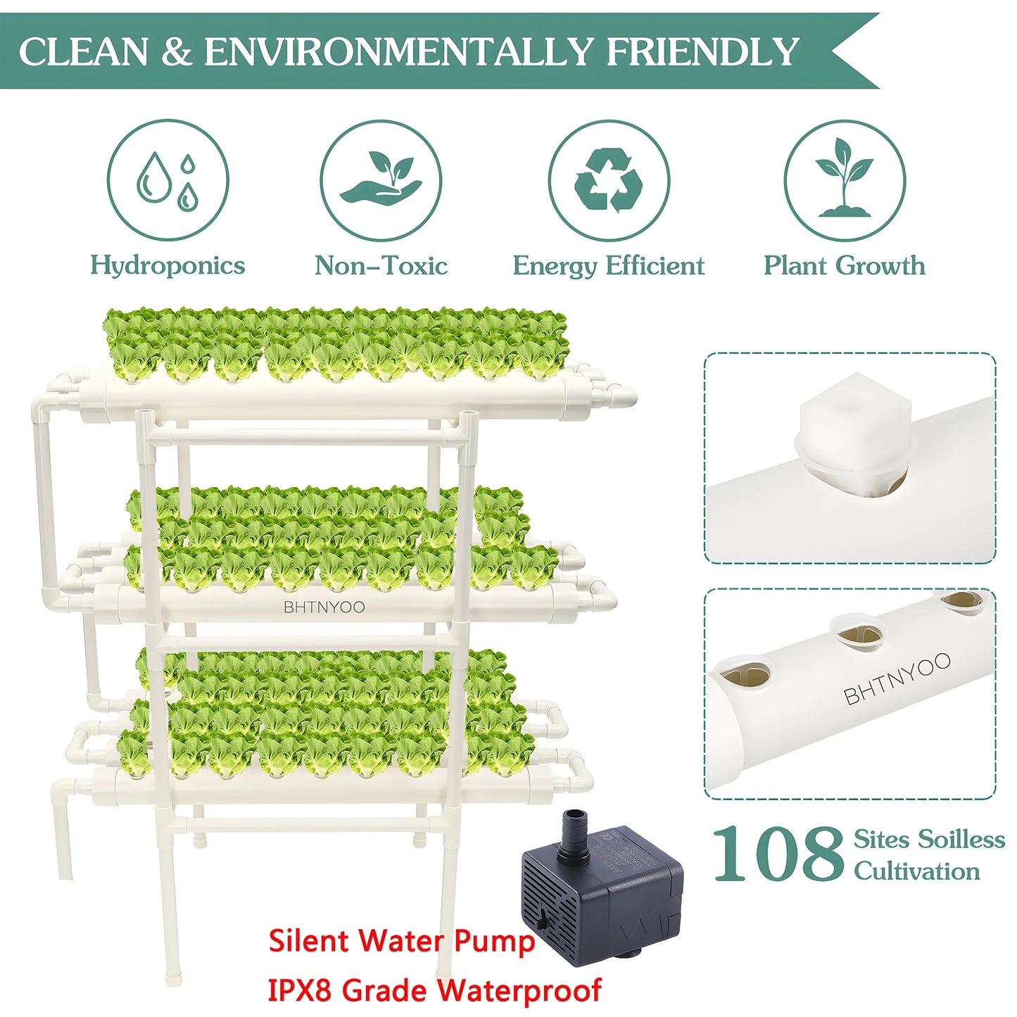 Système de Culture Hydroponique, Kit BHTNYOO à 3 Couches/108 Sites, Jardin Hydroponique pour Légumes et Herbes, Équipement de Culture en Tuyaux PVC