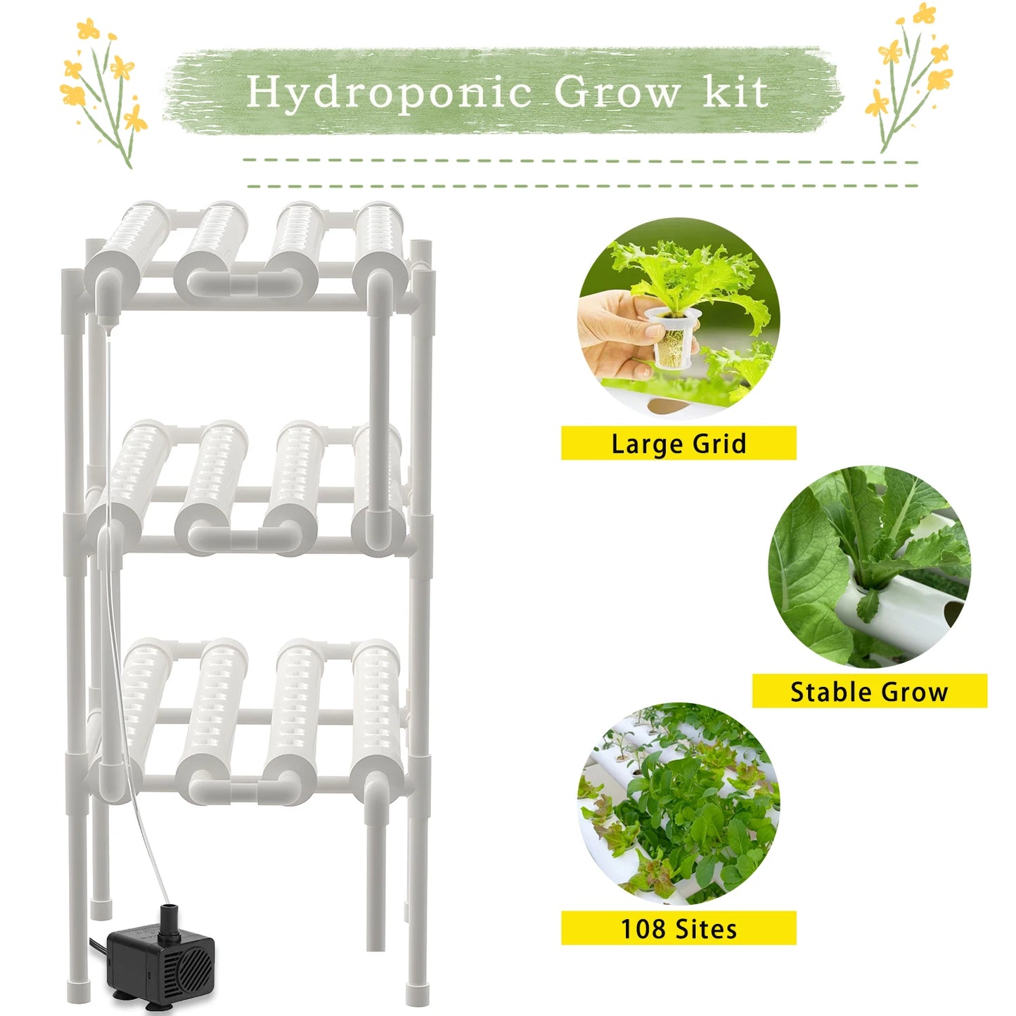 Système de Culture Hydroponique, Kit BHTNYOO à 3 Couches/108 Sites, Jardin Hydroponique pour Légumes et Herbes, Équipement de Culture en Tuyaux PVC