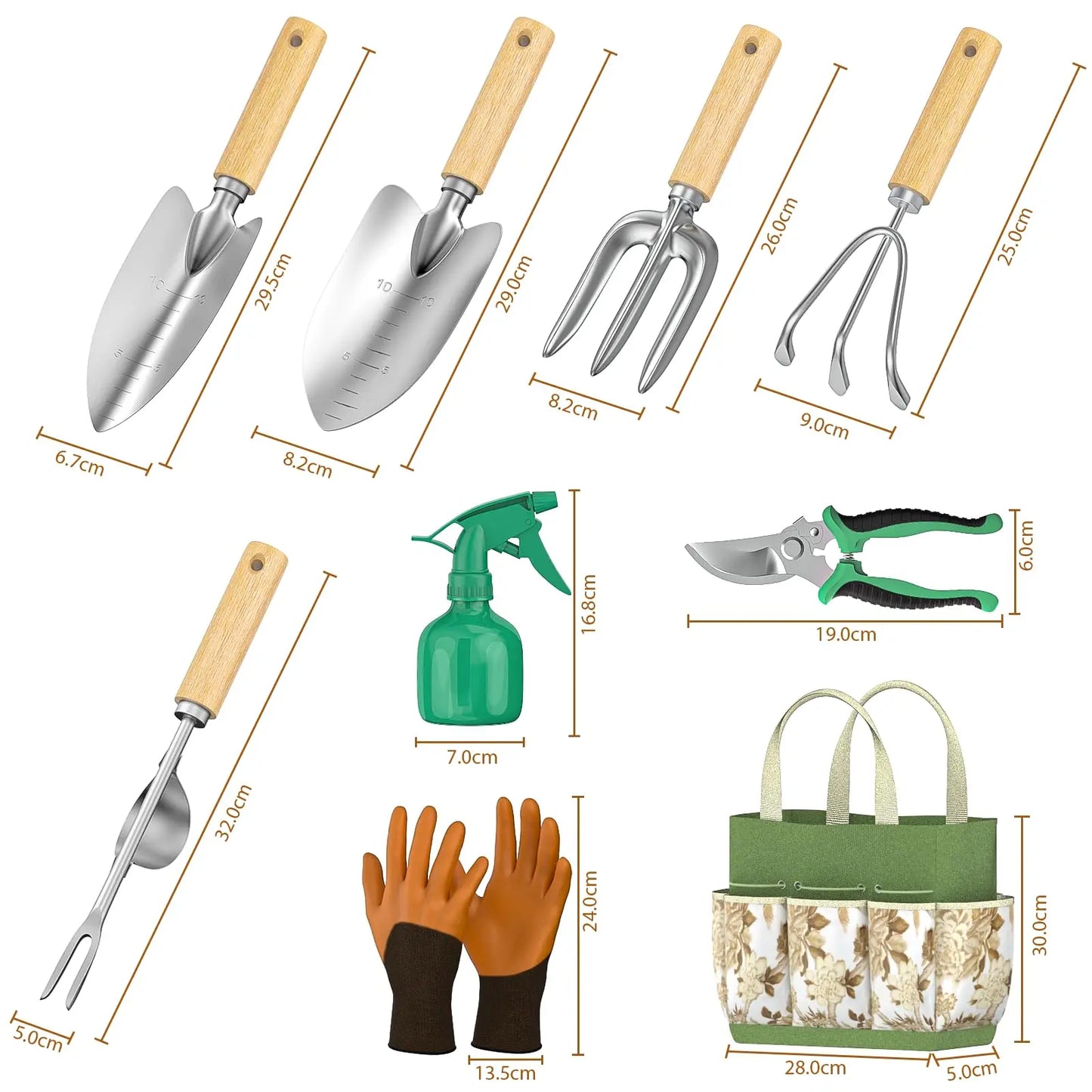 Set d'Outils de Jardinage 9 Pièces en Acier Inoxydable avec Poignée en Bois, Outil de Désherbage