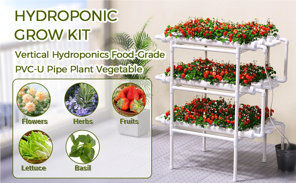 Système de Culture Hydroponique, Kit BHTNYOO à 3 Couches/108 Sites, Jardin Hydroponique pour Légumes et Herbes, Équipement de Culture en Tuyaux PVC
