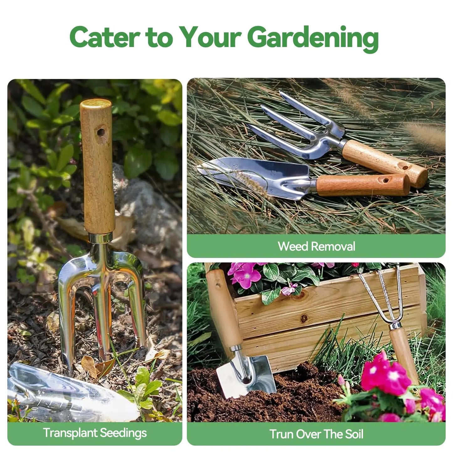 Set d'Outils de Jardinage 9 Pièces en Acier Inoxydable avec Poignée en Bois, Outil de Désherbage