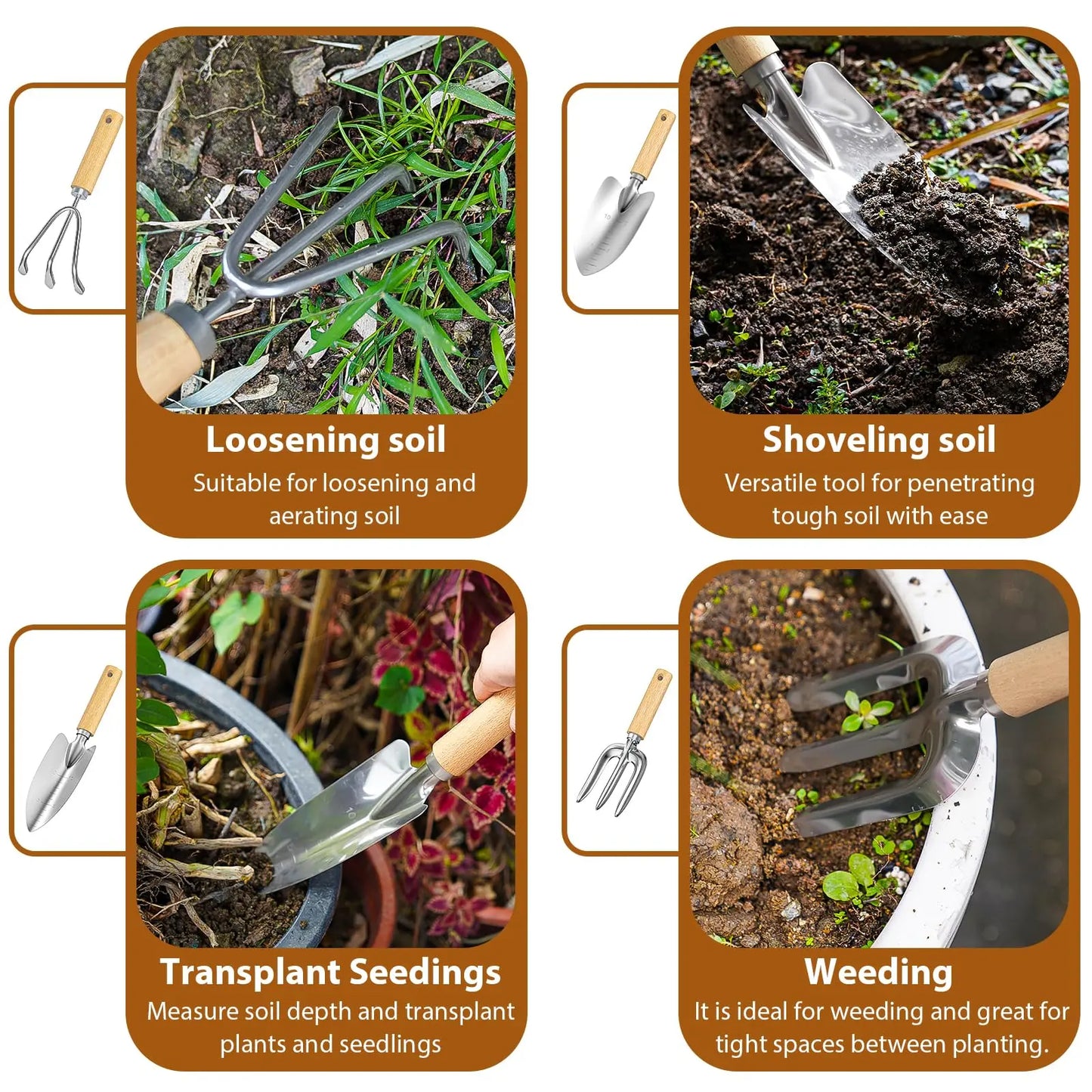 Set d'Outils de Jardinage 9 Pièces en Acier Inoxydable avec Poignée en Bois, Outil de Désherbage