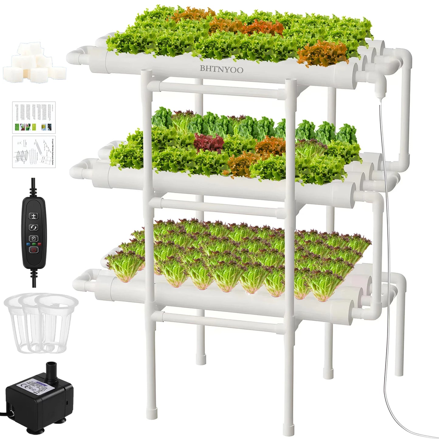 Système de Culture Hydroponique, Kit BHTNYOO à 3 Couches/108 Sites, Jardin Hydroponique pour Légumes et Herbes, Équipement de Culture en Tuyaux PVC