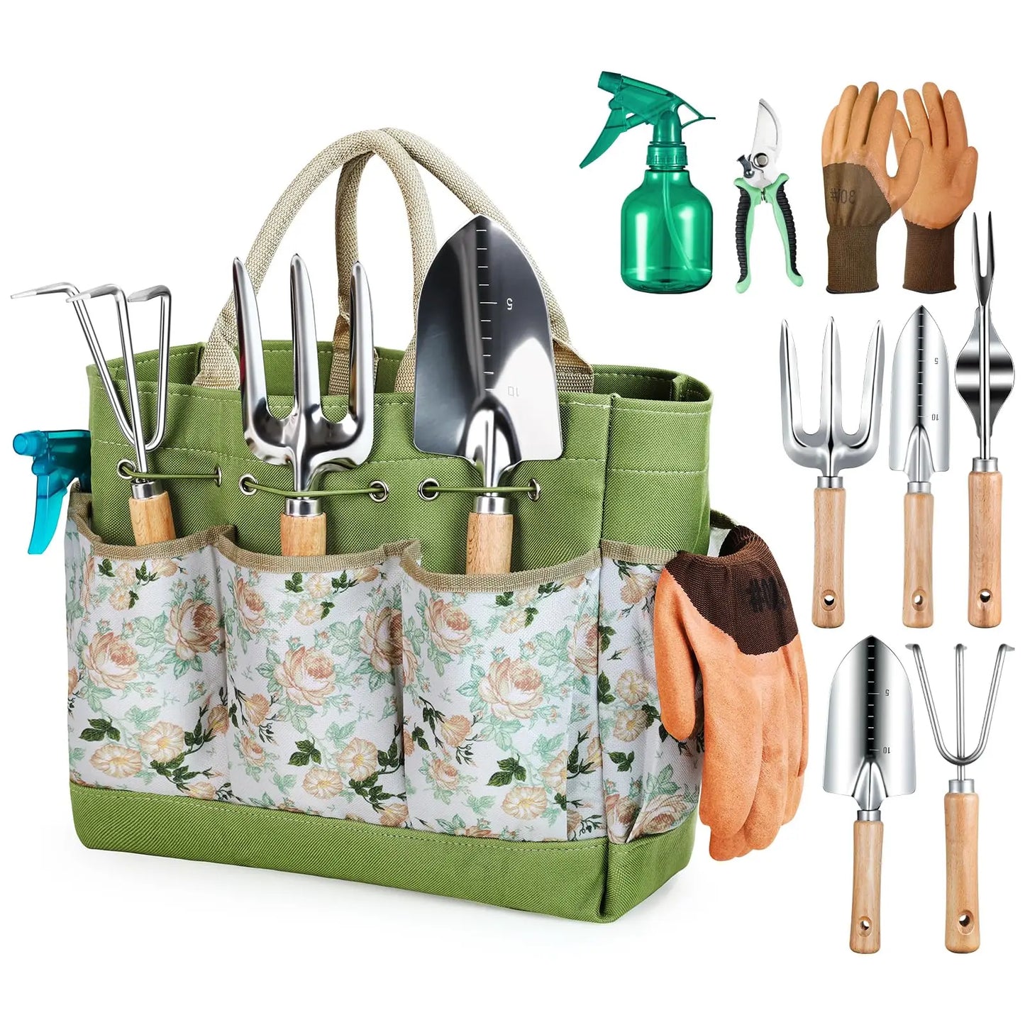Set d'Outils de Jardinage 9 Pièces en Acier Inoxydable avec Poignée en Bois, Outil de Désherbage