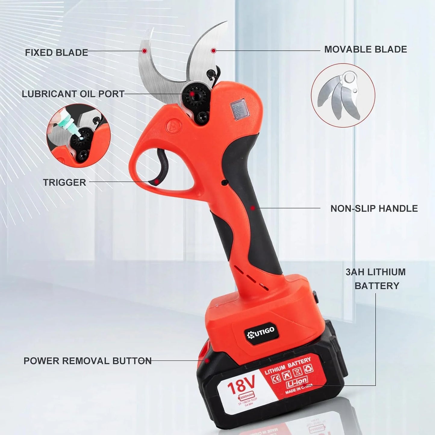 OUTIGO Sécateur Électrique à Fil, 40mm, avec Écran et 2 Batteries 3.0Ah pour Arbres Fruitier et Vignobles