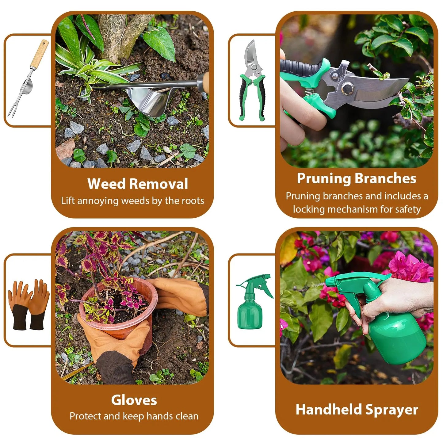 Set d'Outils de Jardinage 9 Pièces en Acier Inoxydable avec Poignée en Bois, Outil de Désherbage