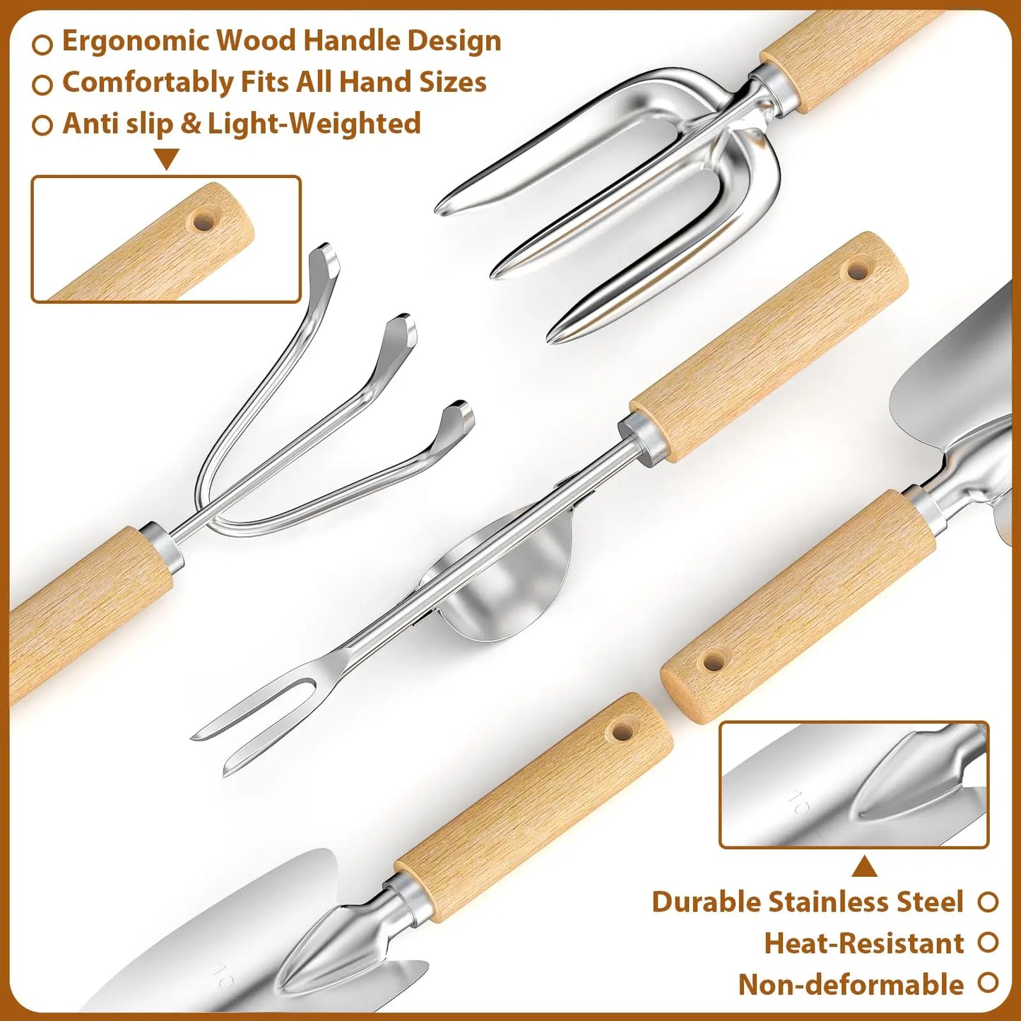 Set d'Outils de Jardinage 9 Pièces en Acier Inoxydable avec Poignée en Bois, Outil de Désherbage