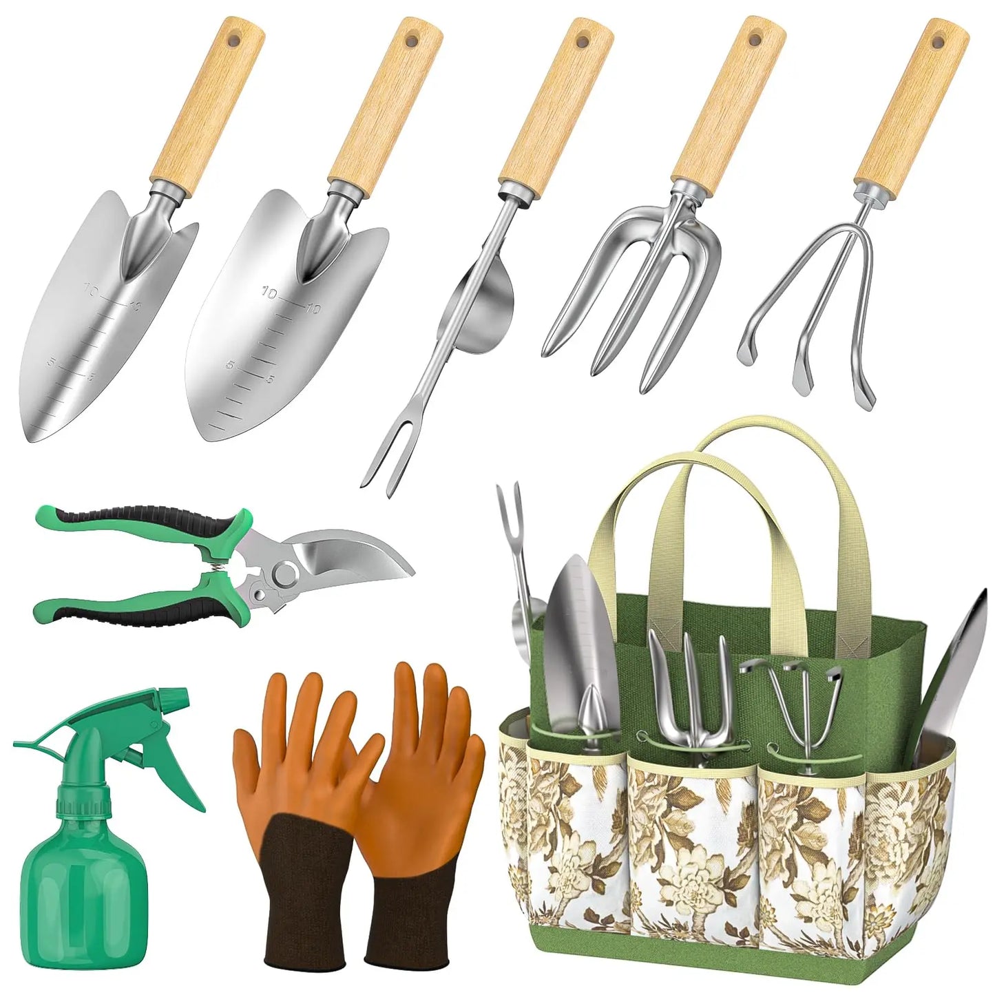 Set d'Outils de Jardinage 9 Pièces en Acier Inoxydable avec Poignée en Bois, Outil de Désherbage