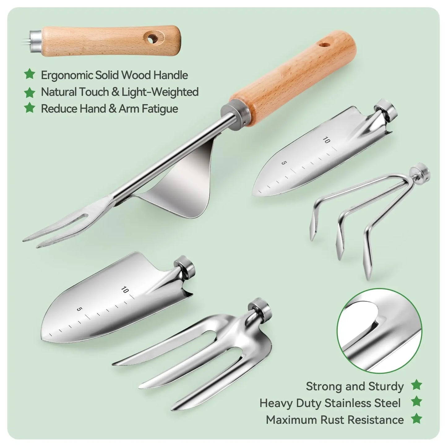 Set d'Outils de Jardinage 9 Pièces en Acier Inoxydable avec Poignée en Bois, Outil de Désherbage