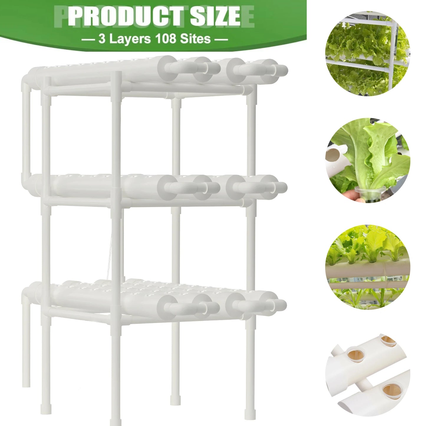 Système de Culture Hydroponique, Kit BHTNYOO à 3 Couches/108 Sites, Jardin Hydroponique pour Légumes et Herbes, Équipement de Culture en Tuyaux PVC
